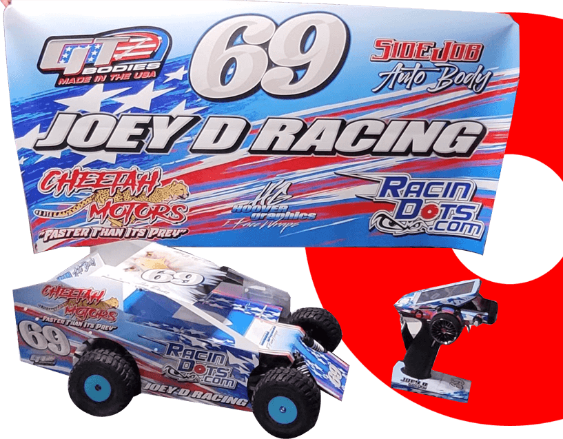 Remote-controlled racing truck with vibrant blue and red design.